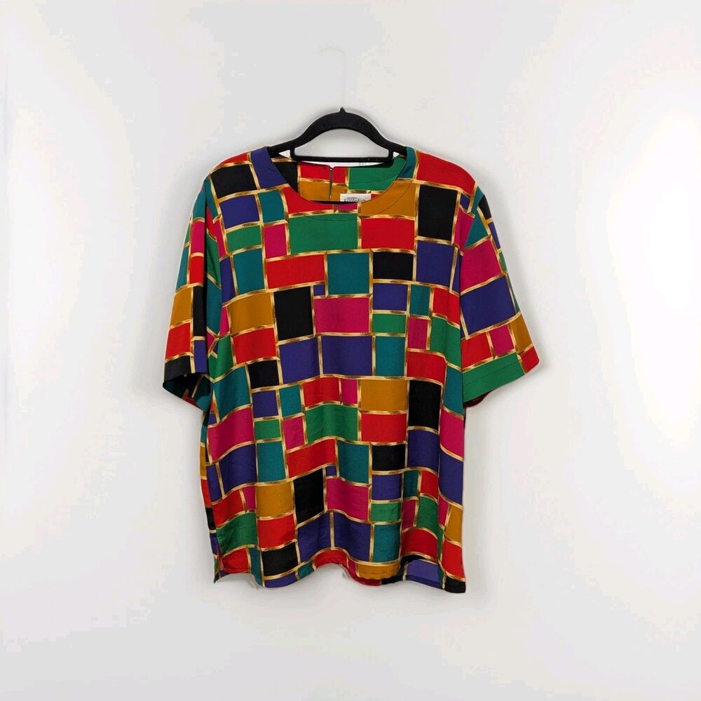 MODERN ESSENTIALS Size Large Multicolor Printed Short Sleeve Blouse